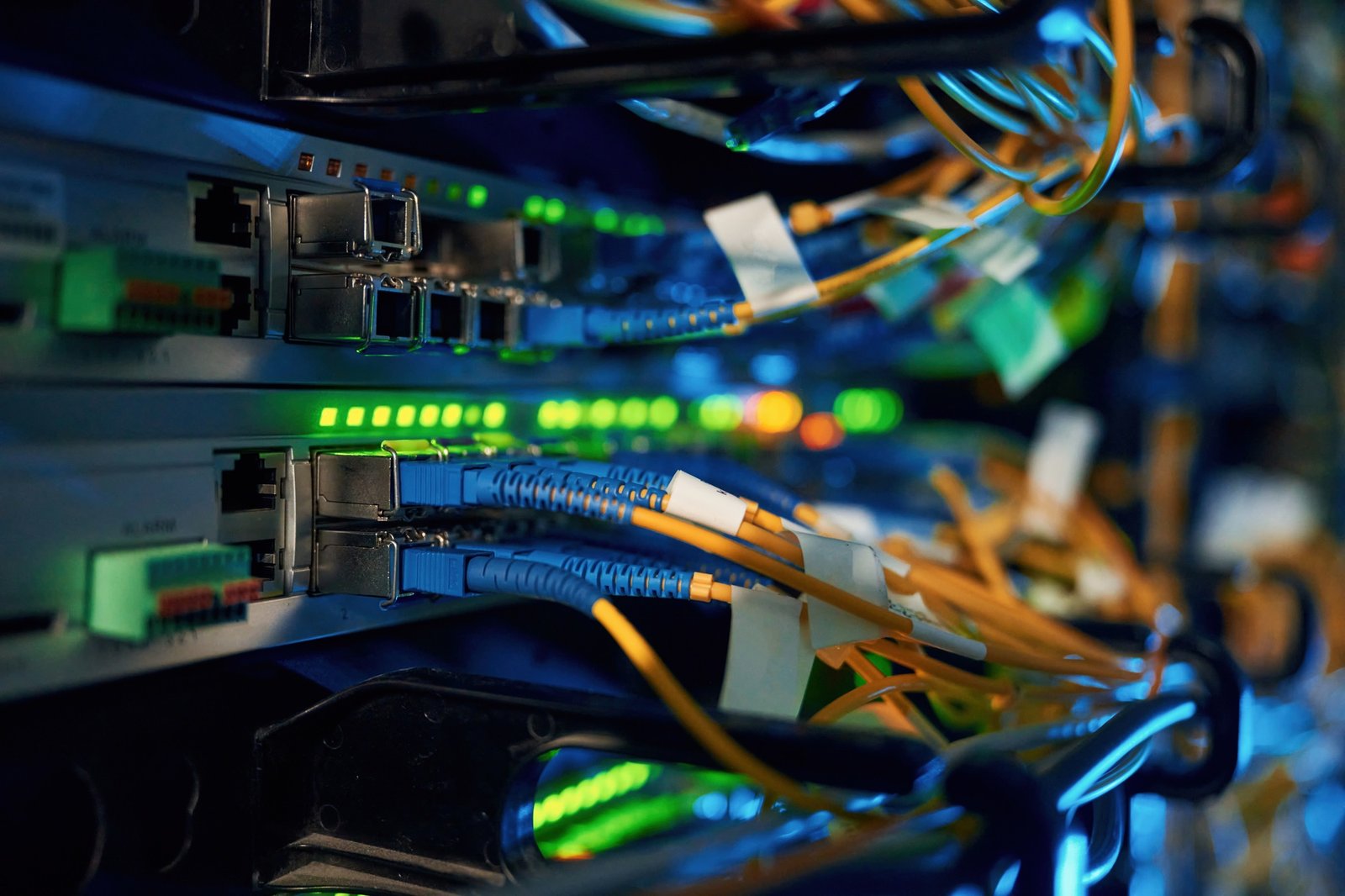 Blue and yellow wires. Close up view of hardware in the server room