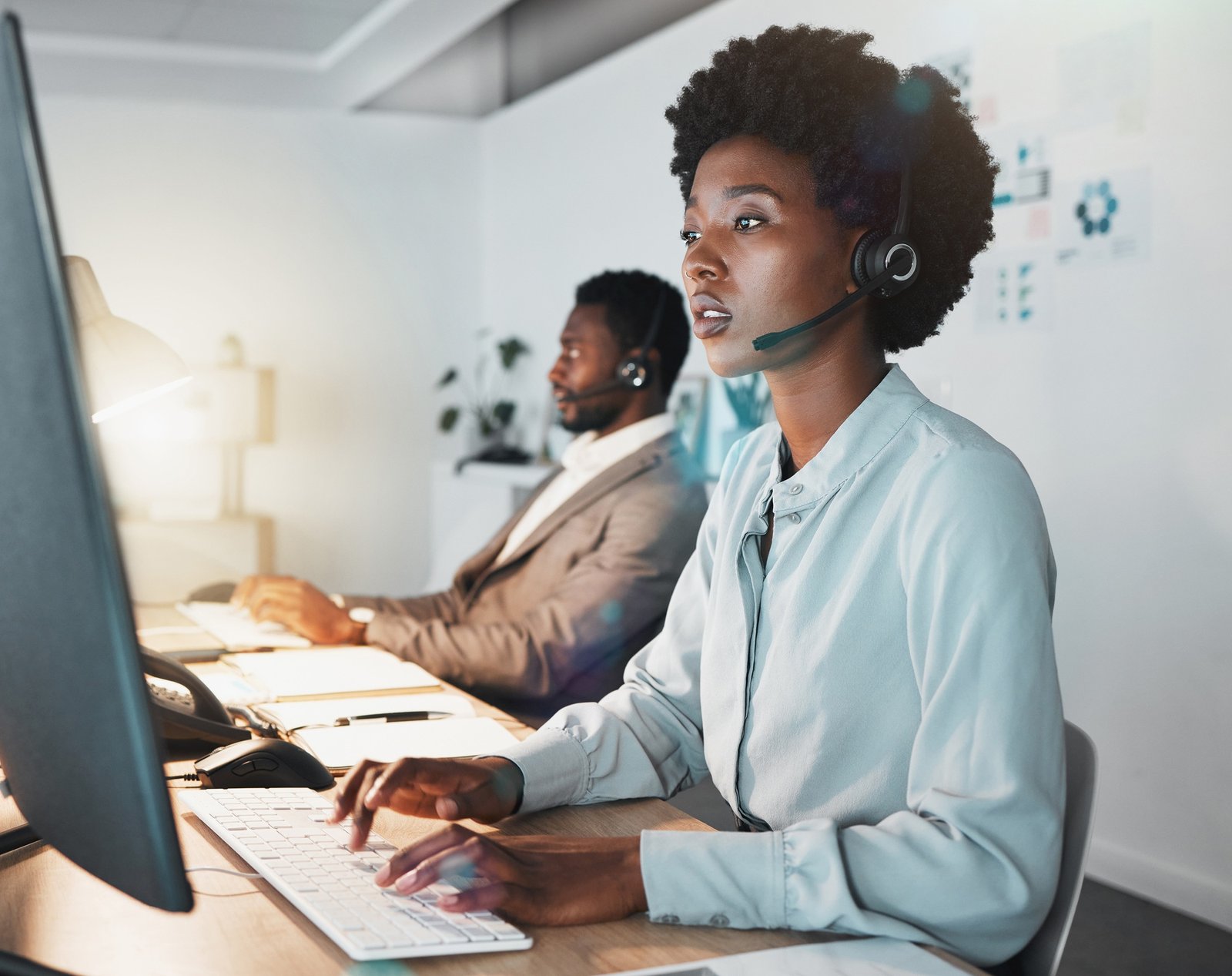 Customer support team, communication and computer consultant on telecom microphone, CRM software or