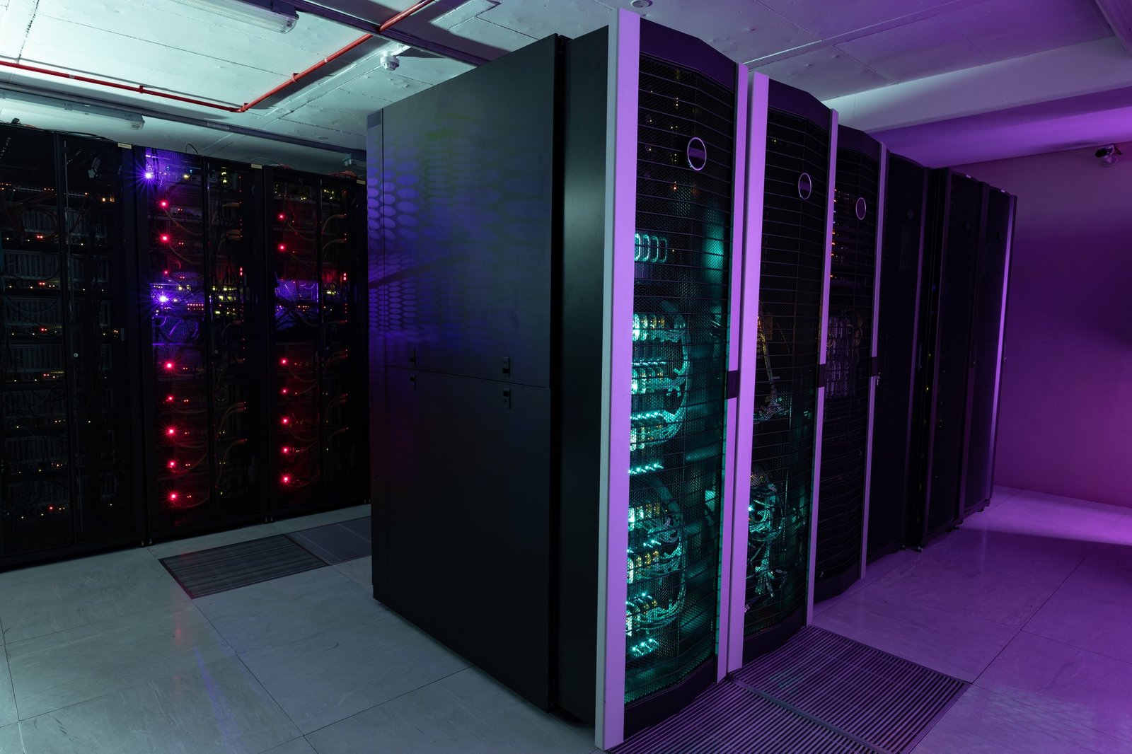Data center with multiple rows of fully operational server racks